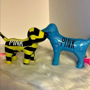 Victoria Secret PINK Shiny BLUE Miniature Plush Dog and yellow black striped dog